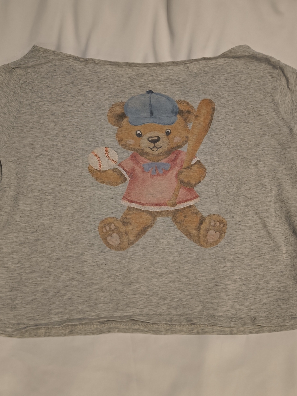 Hollister Off Shoulder Cropped Tee with Teddy Bear Baseball Graphic